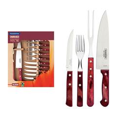 KIT PARA CHURRASCO TRAMONTINA EM AÇO INOX COM CABO VERMELHO POLYWOOD 14 PEÇAS