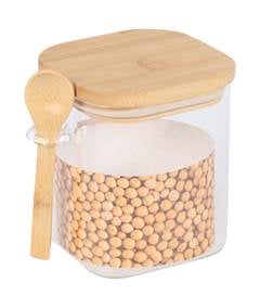POTE DE VIDRO  COM TAMPA HERMÉTICA  E COLHER DE BAMBU QUADRADO 600ML ED505795