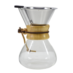 CAFETEIRA VIDRO BOROSSILICATO COM COADOR INOX DETALHES EM MADEIRA 400ML ED507105