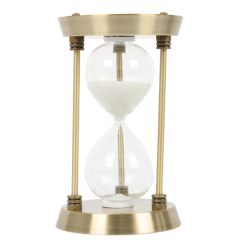 AMPULHETA TEMPORIZADOR VIDRO 15 MINUTOS BASE METAL AREIA BRANCA 17X9,5CM ED508138