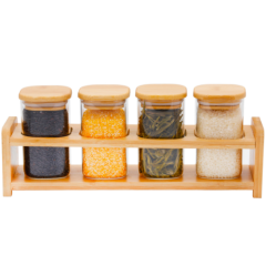 KIT PORTA TEMPERO VIDRO COM TAMPA HERMETICA SUPORTE MADEIRA 4PC ED510221