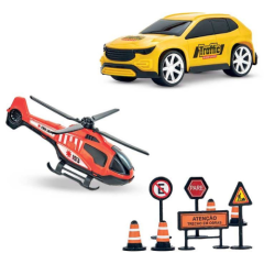 KIT CARRINHO C/ HELICOPTERO BRINQUEDO TRAFIC SERVICE