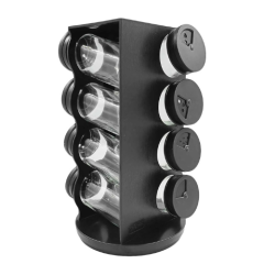 PORTA CONDIMENTO VIDRO C/SUPORTE PLASTICO QUADRADO GIRATORIO 8PCS PRETO