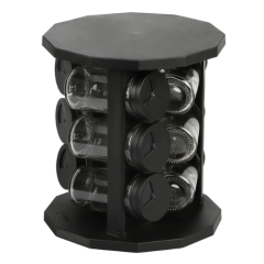 PORTA CONDIMENTO VIDRO C/SUPORTE PLASTICO REDONDO GIRATORIO 9PCS PRETO
