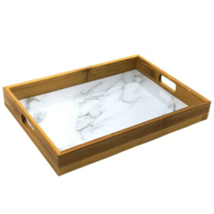 BANDEJA PLASTICO TERMOSTATICO DECORATIVO RETANGULAR BORDA MADEIRA 35.8CMX22.7CM