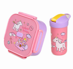 KIT LANCHEIRA COM GARRAFA E TALHERES UNICORNIO 4 PECAS ROSA ED511838