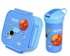 KIT LANCHEIRA COM GARRAFA E TALHERES ASTRONAUTA 4 PECAS AZUL ED511839