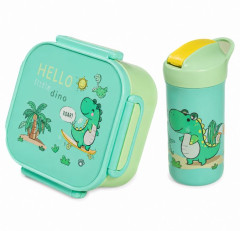 KIT LANCHEIRA COM GARRAFA E TALHERES DINOSSAURO 4 PECAS VERDE ED511840