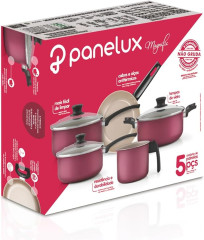 CONJUNTO ALUMINIO 05 PEÇAS ANTIADERENTE NA COR CEREJA, PREPARO DE ALIMENTOS, CABOS EM BAQUELITE